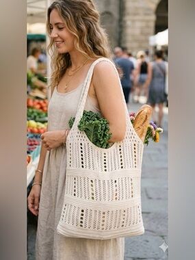 NEW Crocheted Beach Tote Tan Reusable Shopping Bag, Hobo Festival Bag